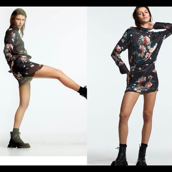 Zara Black long sleeve floral Camila minidress Sz XS NWT - Picture 2 of 10